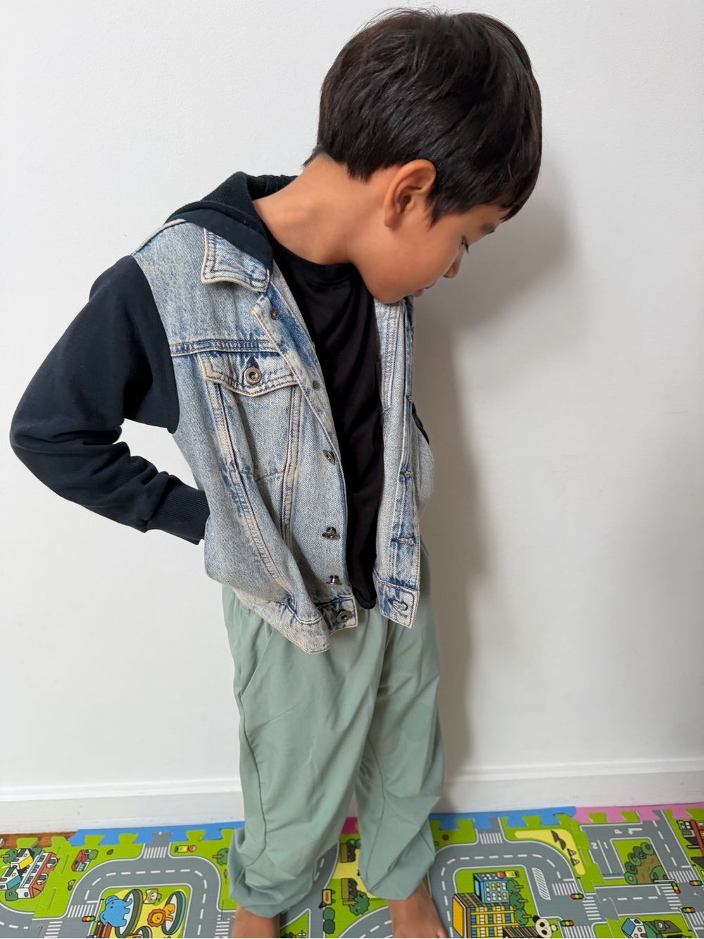 Armani Junior Black Hoodie with Light Blue Denim Vest Jacket